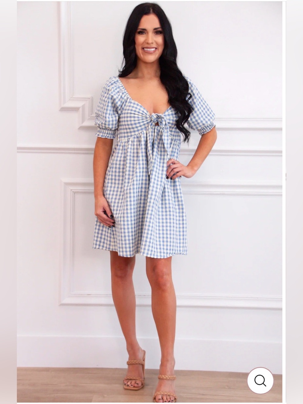 Made with Love Blue and Off White Gingham Tie-Front Babydoll Dress Large